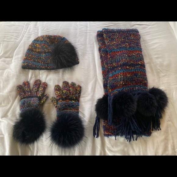 Multicolored knitted hat, scarf, and gloves with blue mink ball accents - Picture 5 of 5